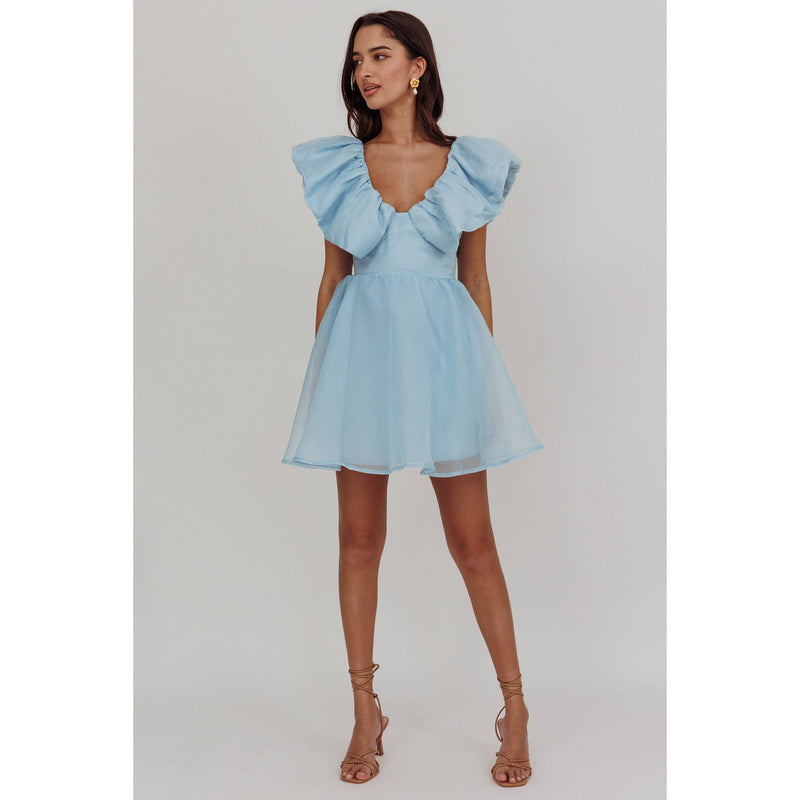 ORGANZA RUFFLE SLEEVE MINI DRESS: BLUE / S-Saints & Secrets