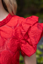 ROSE RED TEXTURED RUFFLE SLEEVE TOP-VOY