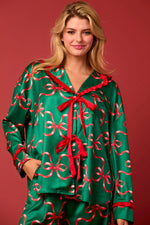 GREEN AND RED BOW PRINTS TIE FRONT RUFFLE DETAILED CHRISTMAS PJS (PAJAMA SET)-Peach Love California