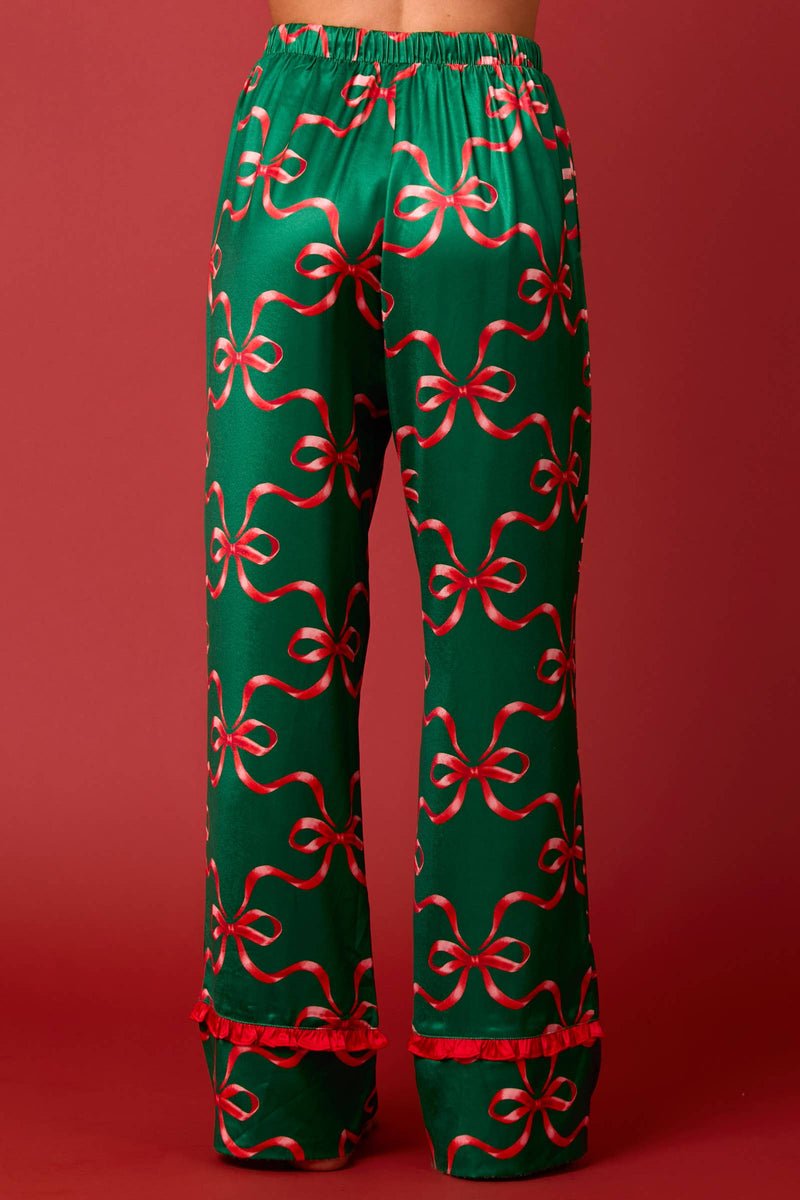 GREEN AND RED BOW PRINTS TIE FRONT RUFFLE DETAILED CHRISTMAS PJS (PAJAMA SET)-Peach Love California