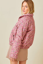 DUSTY ROSE FLORAL PRINT CORDUROY PUFFER JACKET-Baevely by Wellmade USA