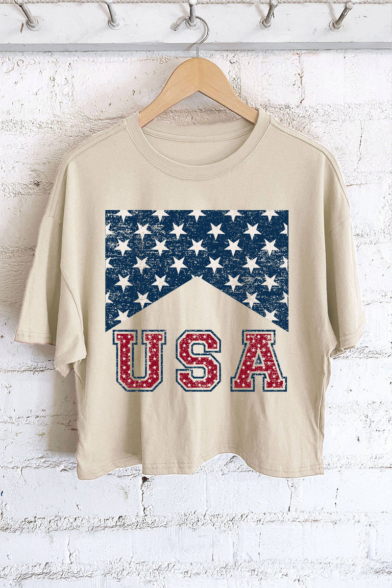 USA FLAG GRAPHIC LONG CROP STONE TEE-Rustee Clothing