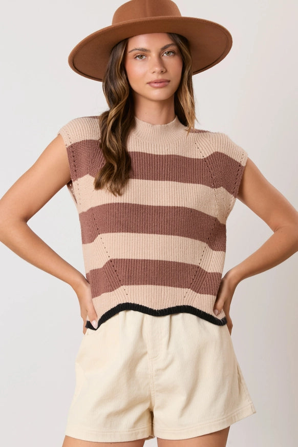 BROWN AND TAUPE VISCOSE STRIPE CONTRAST SCALLOP HEM LINE SWEATER VEST-Peach Love California