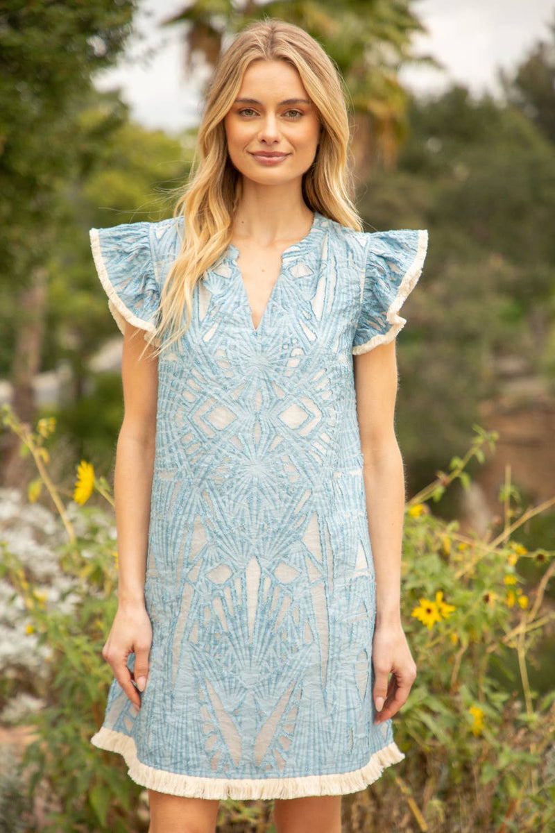 BLUE FRINGE DETAILED BURN OUT SHIFT DRESS-VOY