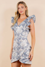 BLUE FLORAL JACQUARD RUFFLE SLEEVLESS DRESS-TCEC