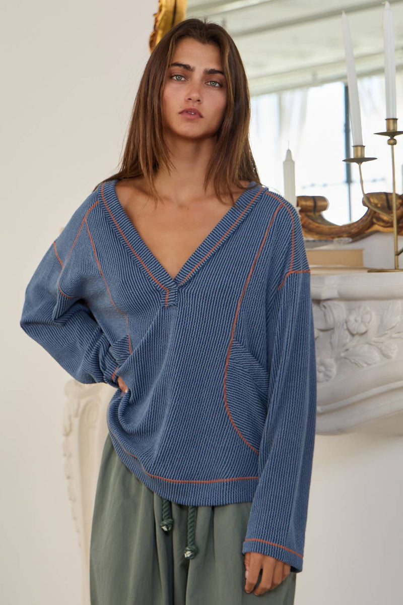 Dusty Blue V-neck Patched Pockets Oversized Solid Ribbed Top-BUCKETLIST