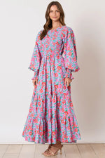 PINK AND BLUE FLORAL PRINT UPPER DIAGONAL SMOCKING TIERED MAXI DRESS-Peach Love California