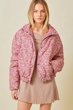 DUSTY ROSE FLORAL PRINT CORDUROY PUFFER JACKET-Baevely by Wellmade USA