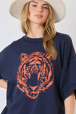 NAVY AND ORANGE AUBURN TIGER HEAD SEQUINS EMBROIDERY SHORT SLEEVE TOP-Fantastic Fawn