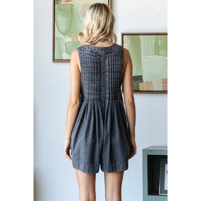 FRONT PLEATED V NECK SLEEVELESS DENIM ROMPER: GREY / S-Veveret