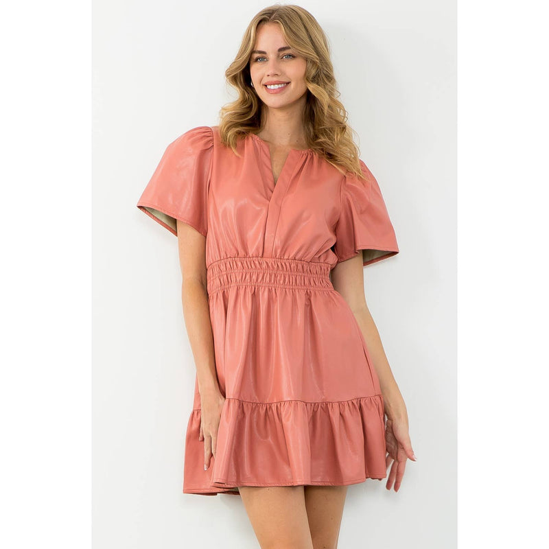 BLUSH SHORT SLEEVE LEATHER DRESS-THML