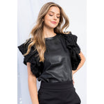 BLACK LEATHER FLUTTER SHORT SLEEVE TOP-THML