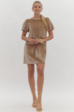 CHAMPAGNE VELVET SHORT PUFF SLEEVE MINI DRESS WITH FRONT FAUX POCKETS AND BRAIDED DETAILING-Entro