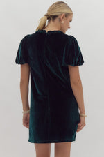 EMERALD VELVET SHORT PUFF SLEEVE MINI DRESS WITH FRONT FAUX POCKETS AND BRAIDED DETAILING-Entro