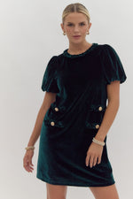 EMERALD VELVET SHORT PUFF SLEEVE MINI DRESS WITH FRONT FAUX POCKETS AND BRAIDED DETAILING-Entro