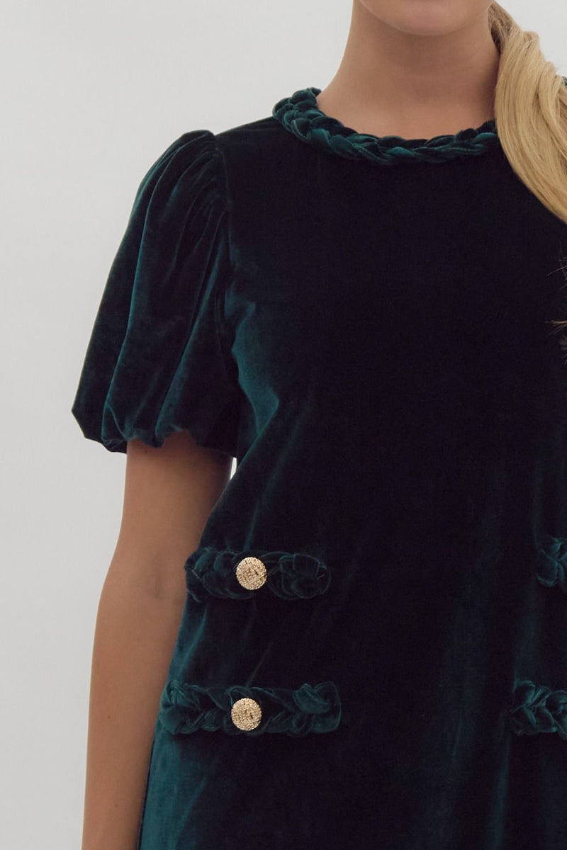 EMERALD VELVET SHORT PUFF SLEEVE MINI DRESS WITH FRONT FAUX POCKETS AND BRAIDED DETAILING-Entro