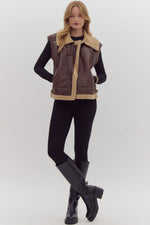 DARK BROWN FAUX LEATHER AND SHERPA COLLARED ZIP VEST-Entro