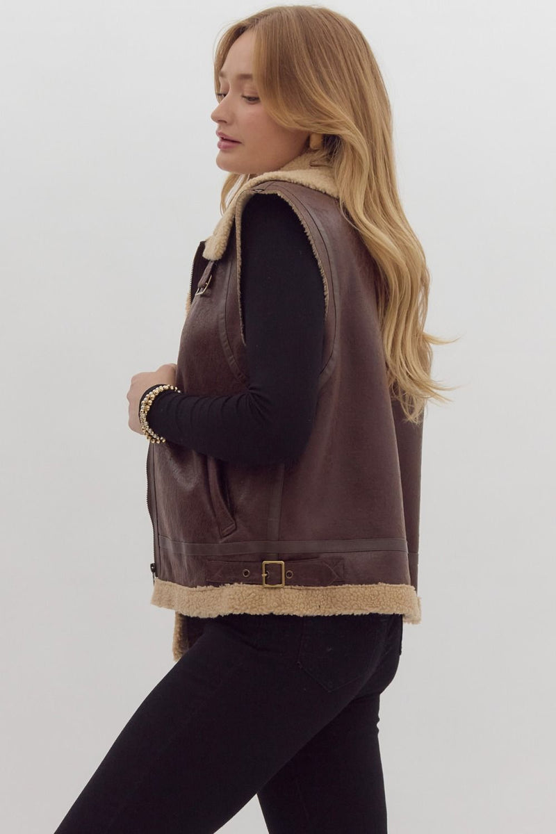 DARK BROWN FAUX LEATHER AND SHERPA COLLARED ZIP VEST-Entro