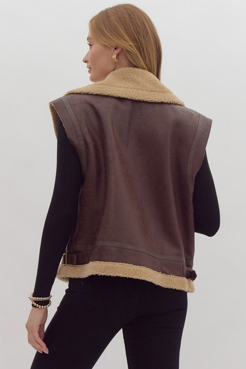 DARK BROWN FAUX LEATHER AND SHERPA COLLARED ZIP VEST-Entro