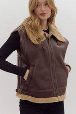 DARK BROWN FAUX LEATHER AND SHERPA COLLARED ZIP VEST-Entro