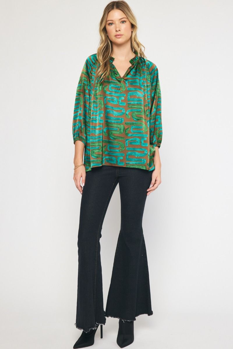 GREEN AND COPPER ABSTRACT SATIN LONG SLEEVE TOP-Entro