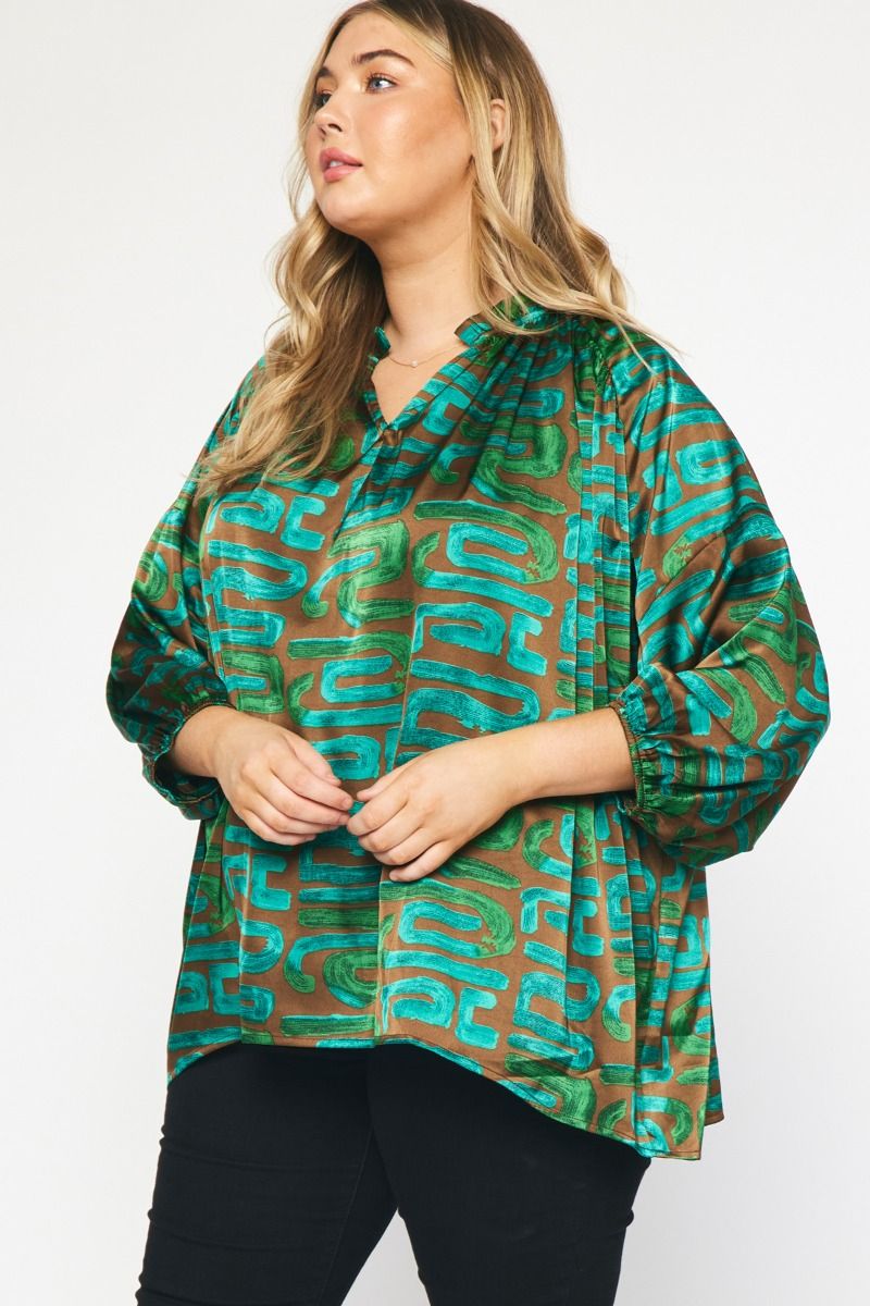 PLUS GREEN AND COPPER ABSTRACT SATIN LONG SLEEVE TOP-Sissy Boutique