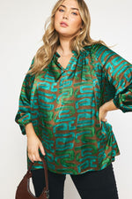 PLUS GREEN AND COPPER ABSTRACT SATIN LONG SLEEVE TOP-Sissy Boutique