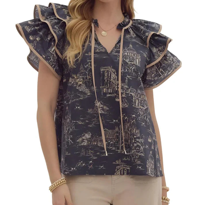 CHARCOAL GREY AND TAN TOILE SHORT RUFFLED SLEEVE TOILE PRINT TOP-Entro