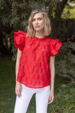 ROSE RED TEXTURED RUFFLE SLEEVE TOP-VOY