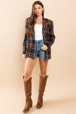 TARTAN PLAID DOUBLE BREASTED BLAZER-Ces Femme