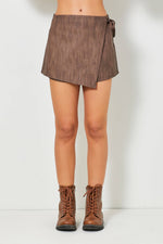 BROWN WASHED LEATHER MINI SKORT-Baevely by Wellmade USA-Sissy Boutique