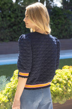 NAVY AND ORANGE GAME DAY AUBURN QUILTED STRIPED BAND KNIT TOP-VOY