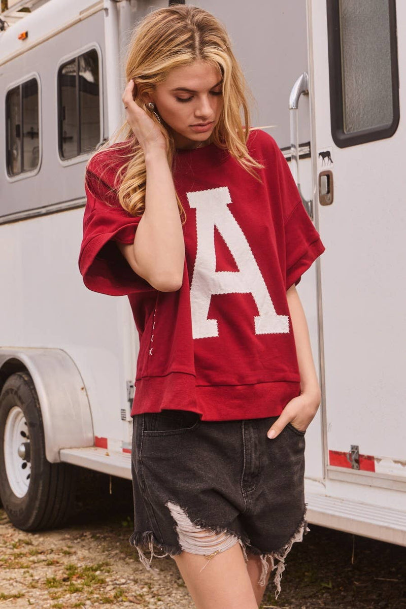 'A' LOGO DARK RED ALABAMA OVERSIZED SHORT SLEEVE PULLOVER-Oddi