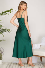 GREEN SATIN COWL NECK MIDI DRESS WITH SIDE SLIT-Peace Love Line