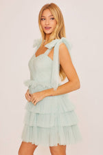 DUSTY SAGE RUFFLED MINI DRESS WITH SHOULDER SELF TIES-Baevely by Wellmade USA