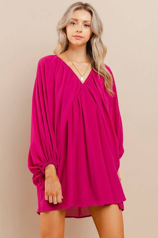 MAGENTA FLOWY OVERSIZED TIE BACK MINI DRESS-TCEC