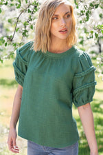 GREEN BRAID DETAILED PUFF SLEEVE TWEED TOP-VOY