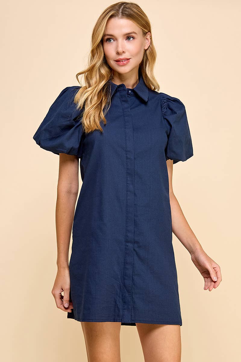 NAVY COLARED PUFF SLEEVE BUTTON DOWN SHIFT DRESS-TCEC