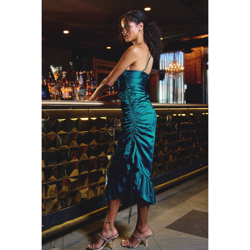 TEAL SATIN WRAP ONE SHOULDER RUFFLED DRESS-Dress Forum