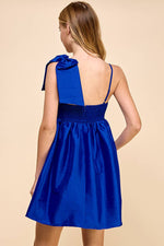 ROYAL BLUE ONE SHOULDER BOW DETAIL MINI PUFF DRESS-TCEC