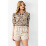 BEIGE AND BLACK FLORAL TASSEL TIE PRINT TOP-THML