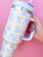 CREAM & BLUE FLORAL 40OZ TUMBLER-Rock Paper Scissors