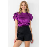 PURPLE SATIN FLUTTER SLEEVE TEXTURED TOP-THML