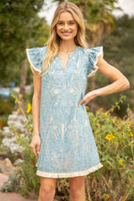 BLUE FRINGE DETAILED BURN OUT SHIFT DRESS-VOY