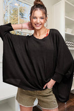 MLT8061-OVERSIZED LIGHTWEIGHT WAFFLE FABRIC KNIT TOP: BLACK / S-La Miel