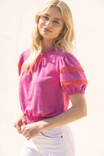 PINK SCALLOPED AND SMOCKED SUEDE RUFFLE TOP-VOY