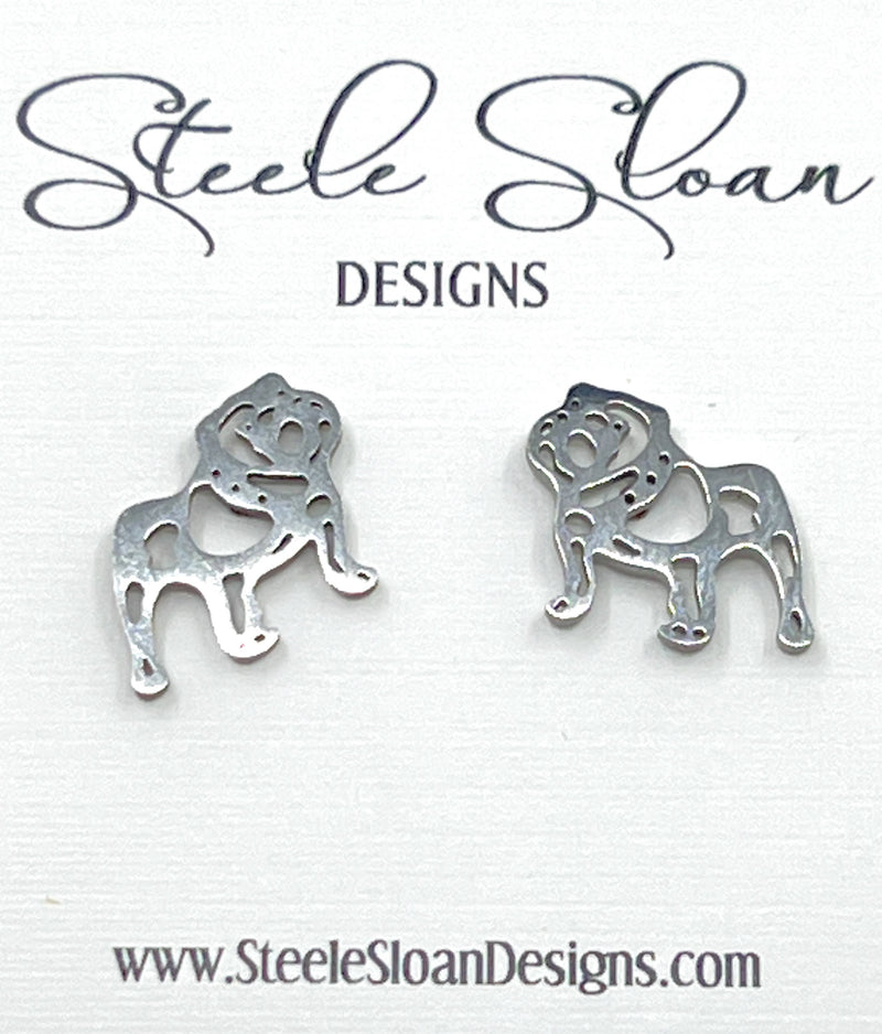 ADORABLE BULLDOG EARRINGS- GOLD STAINLESS STEEL BULLDOGS: SILVER-Steele Sloan Designs