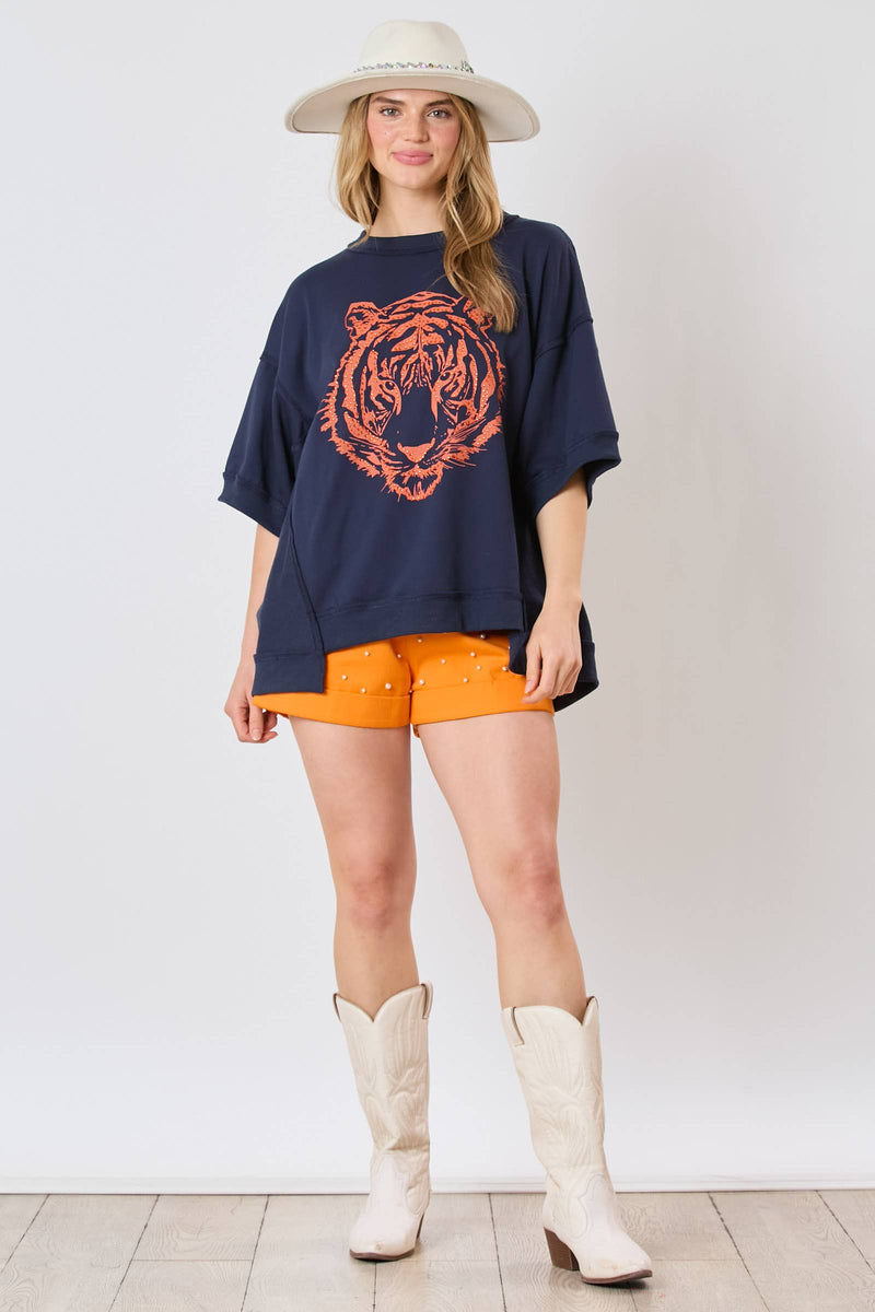 NAVY AND ORANGE AUBURN TIGER HEAD SEQUINS EMBROIDERY SHORT SLEEVE TOP-Fantastic Fawn