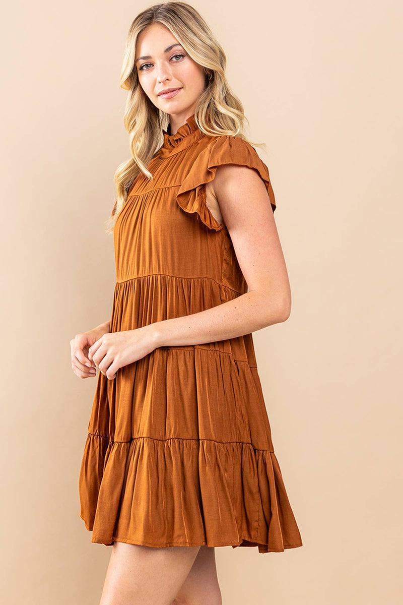 CAMEL TIERED RUFFLE SLEEVE DRESS-TCEC