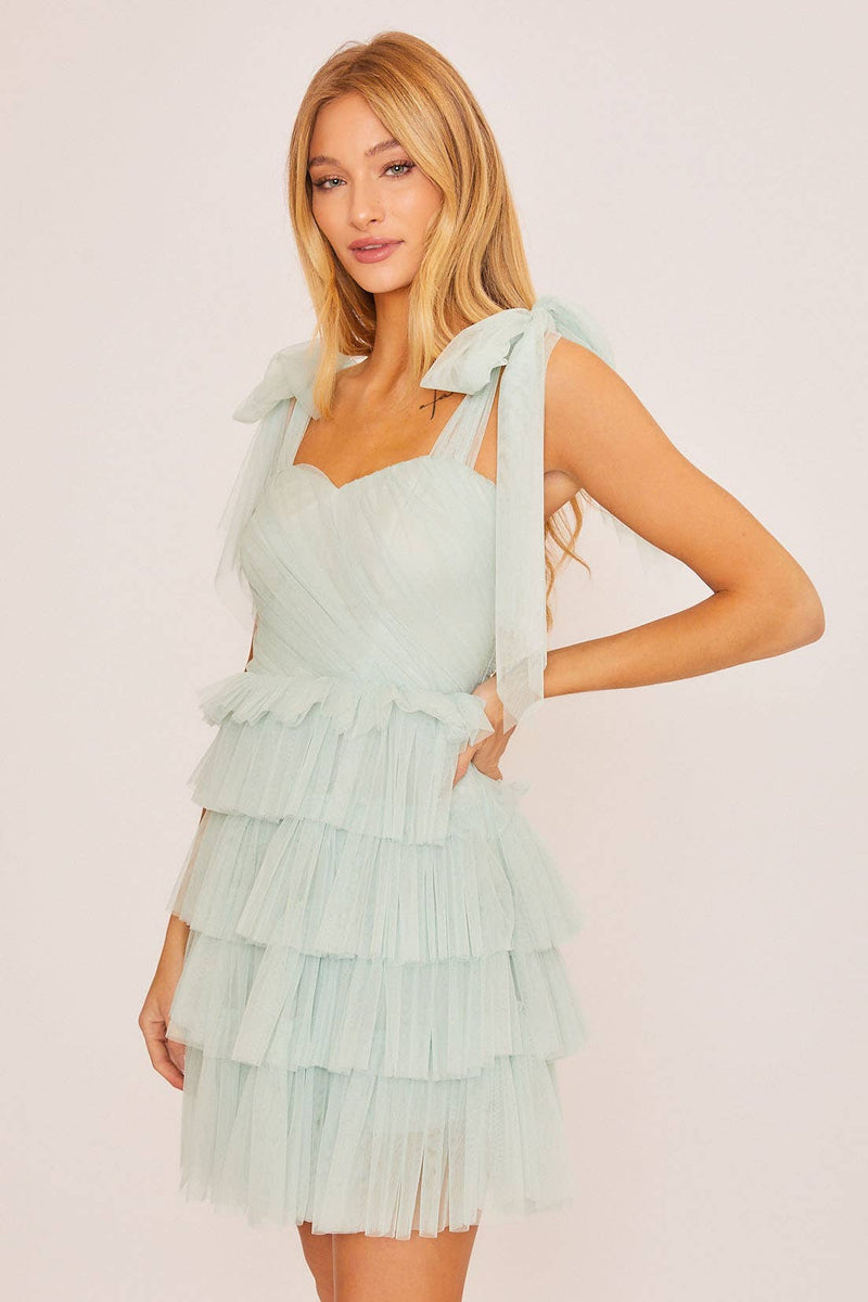 DUSTY SAGE RUFFLED MINI DRESS WITH SHOULDER SELF TIES-Baevely by Wellmade USA